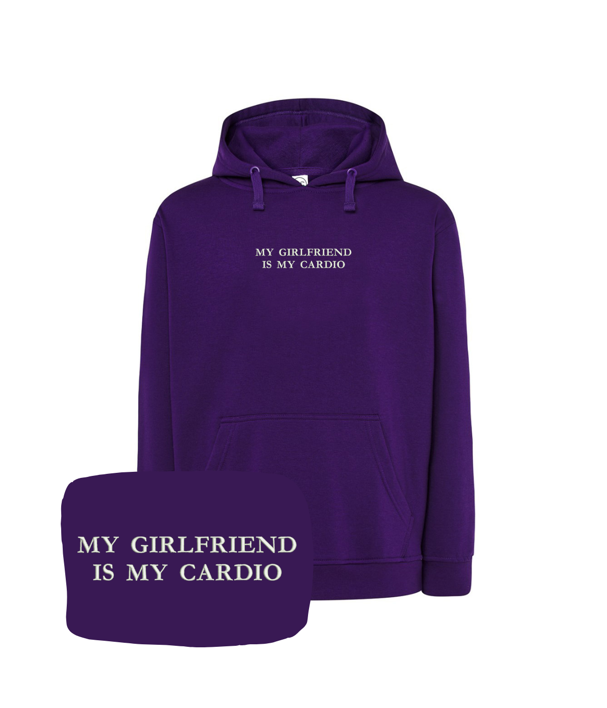 Fioletowa bluza z kapturem z haftem "My Girlfriend Is My Cardio" od CustomClothes.pl, casual i wygodna do noszenia.