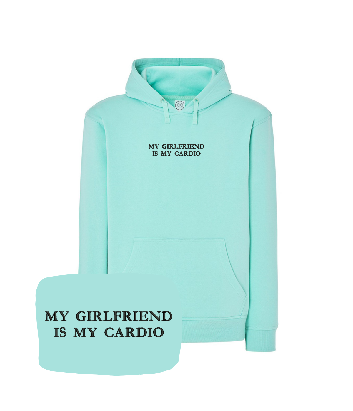 Gray hoodie with embroidered "MY GIRLFRIEND IS MY CARDIO" text from CustomClothes.pl, featuring a front pocket and drawstring hood.