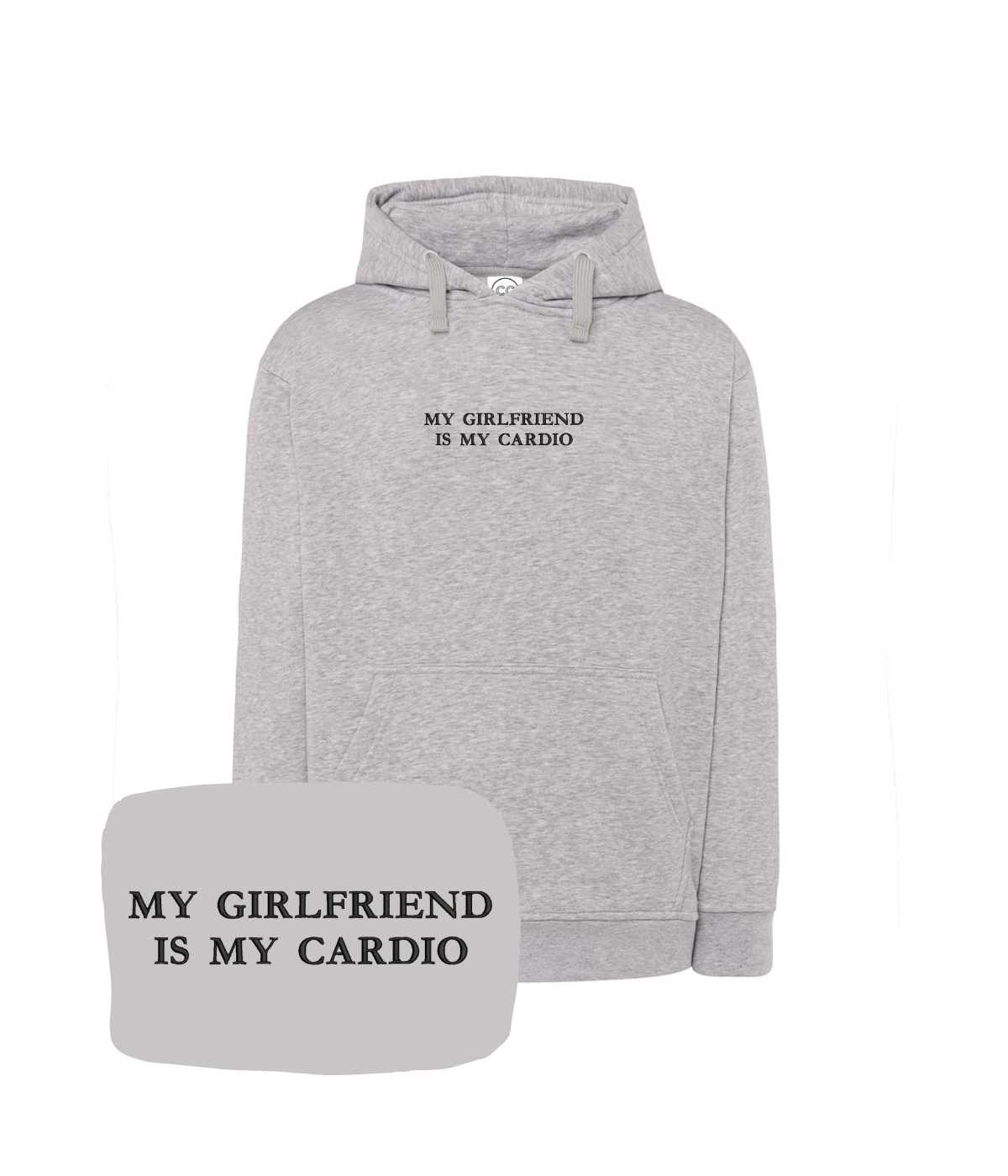 Gray hoodie with embroidered "My Girlfriend Is My Cardio" design, casual style, by CustomClothes.pl