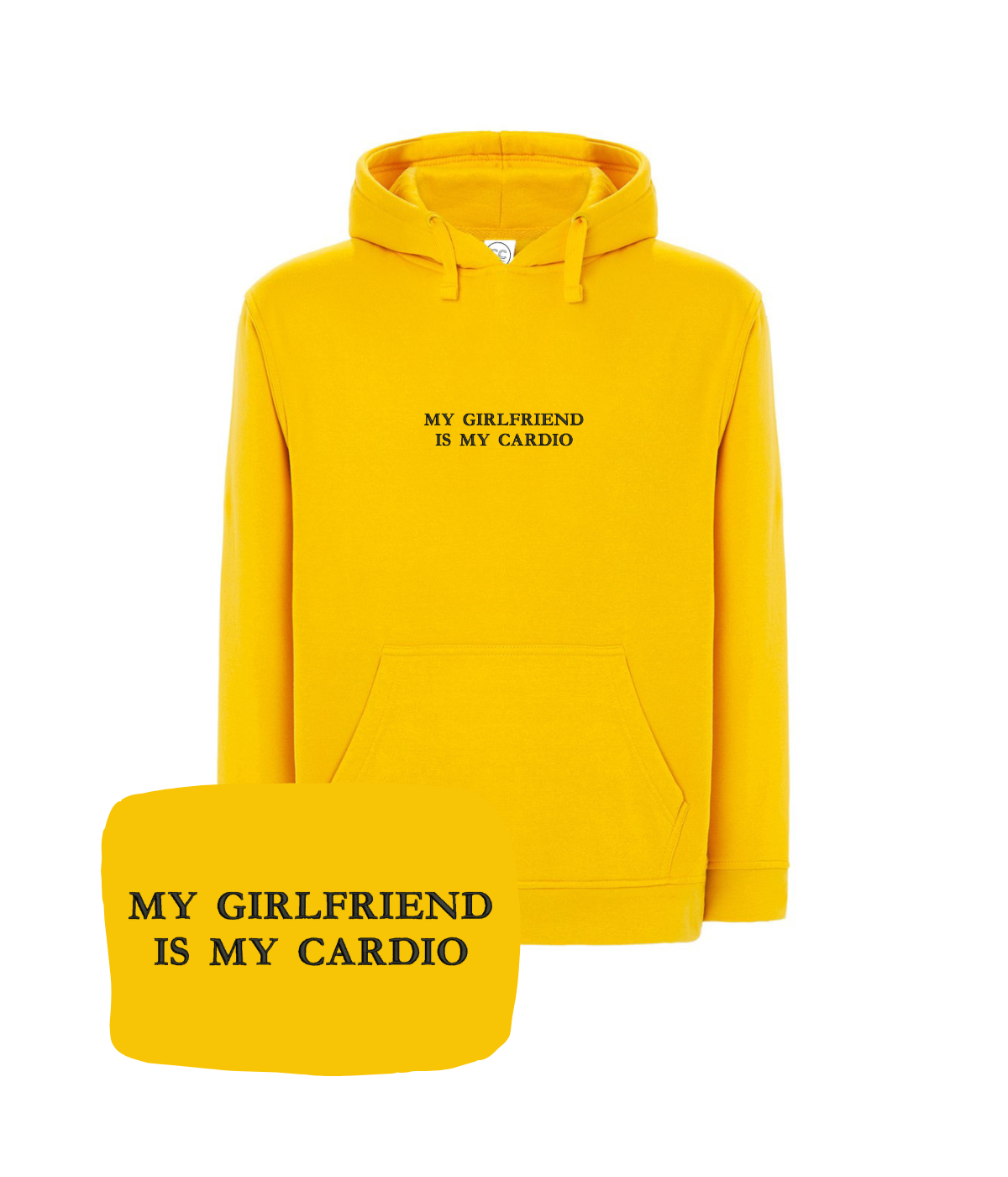 Yellow hoodie with embroidered "My Girlfriend Is My Cardio" text by CustomClothes.pl, showing front view with hood and embroidered detail.