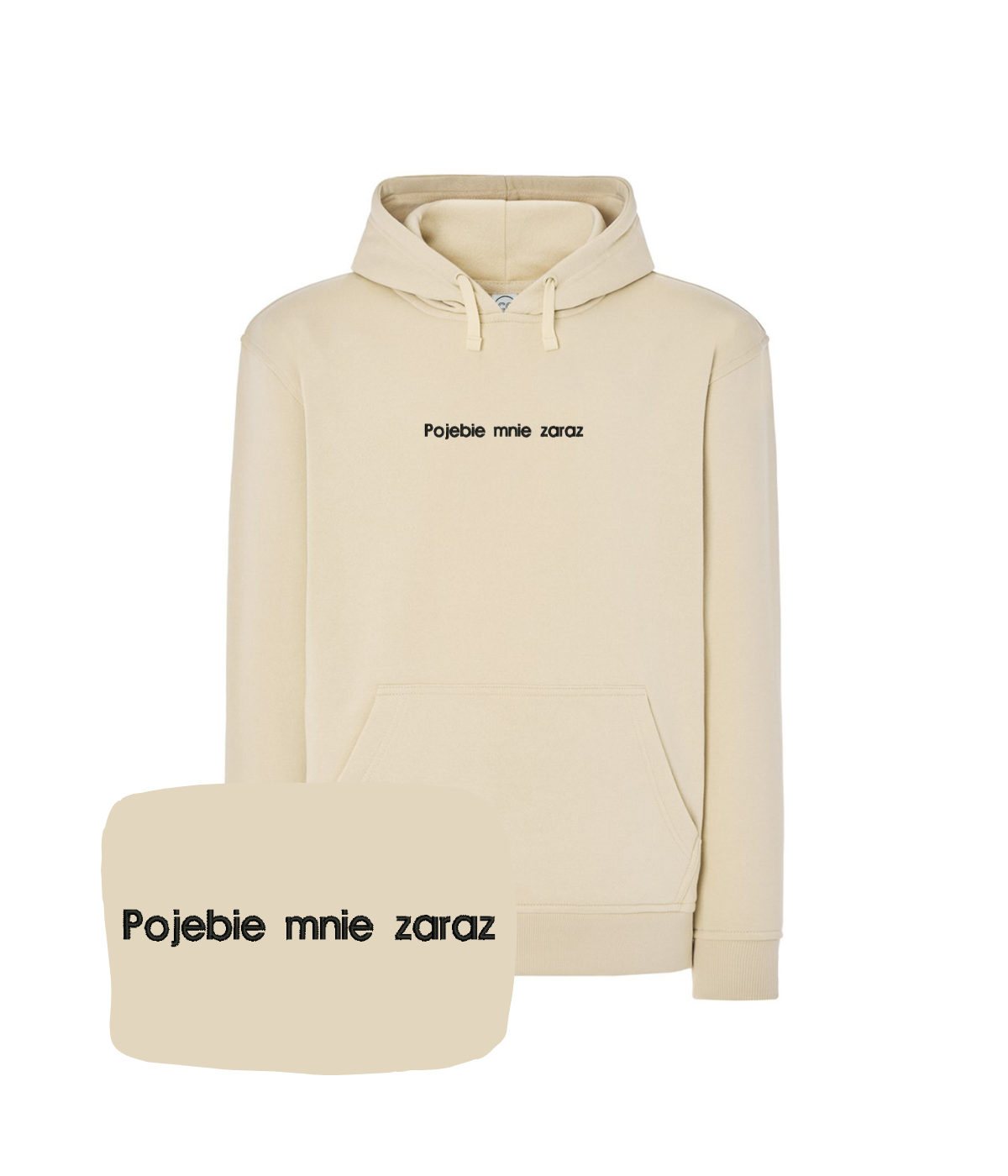 Beżowa bluza z kapturem od CustomClothes.pl z haftem śmiesznego napisu z kolekcji Bez Cenzury, casual i wygodna.