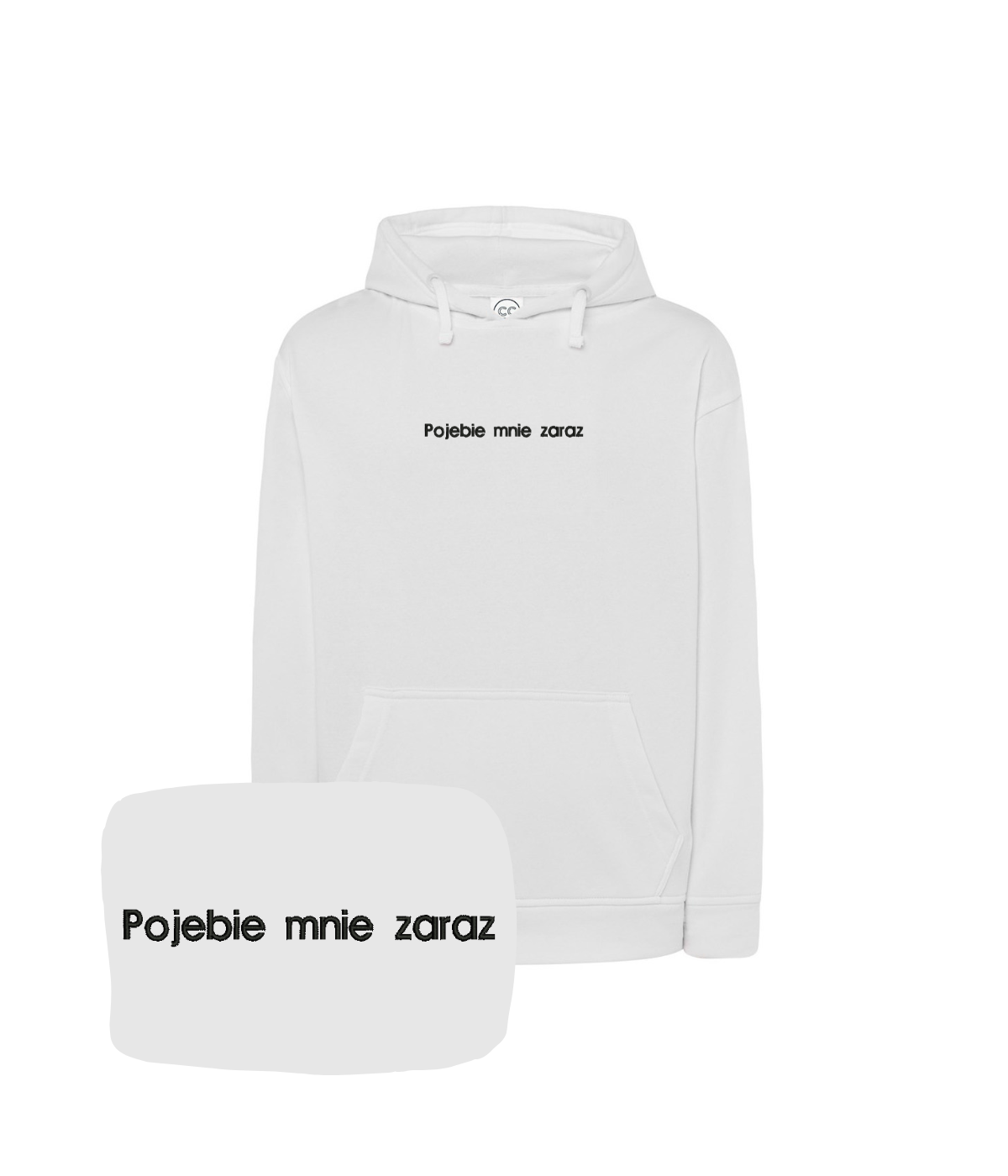 White hoodie with humorous embroidered text from the Bez Cenzury collection by CustomClothes.pl, featuring a cozy hood and casual style.