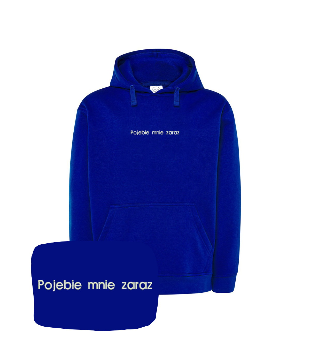 Dark blue hoodie with humorous embroidered text from the Bez Cenzury collection by CustomClothes.pl, featuring a casual, comfortable design.