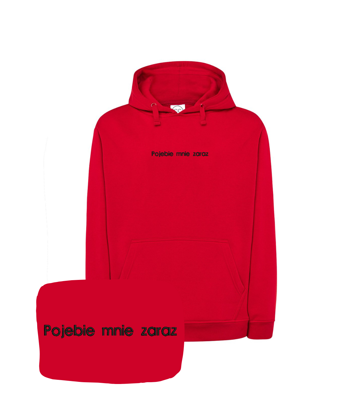 Red hoodie with humorous embroidered text from CustomClothes.pl's Bez Cenzury collection, featuring a hood and casual style.