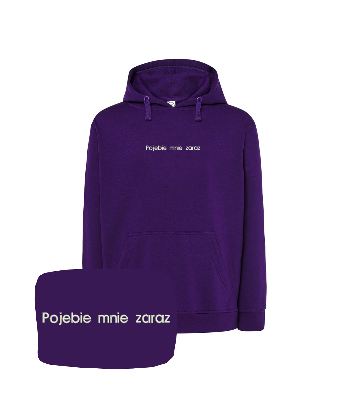 Purple hoodie with humorous embroidered message from CustomClothes.pl, featuring a hood and casual design.