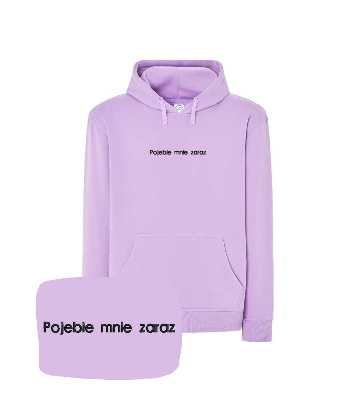 Lavender hoodie with humorous embroidered text from CustomClothes.pl's Bez Cenzury collection, featuring a cozy hood and casual style.