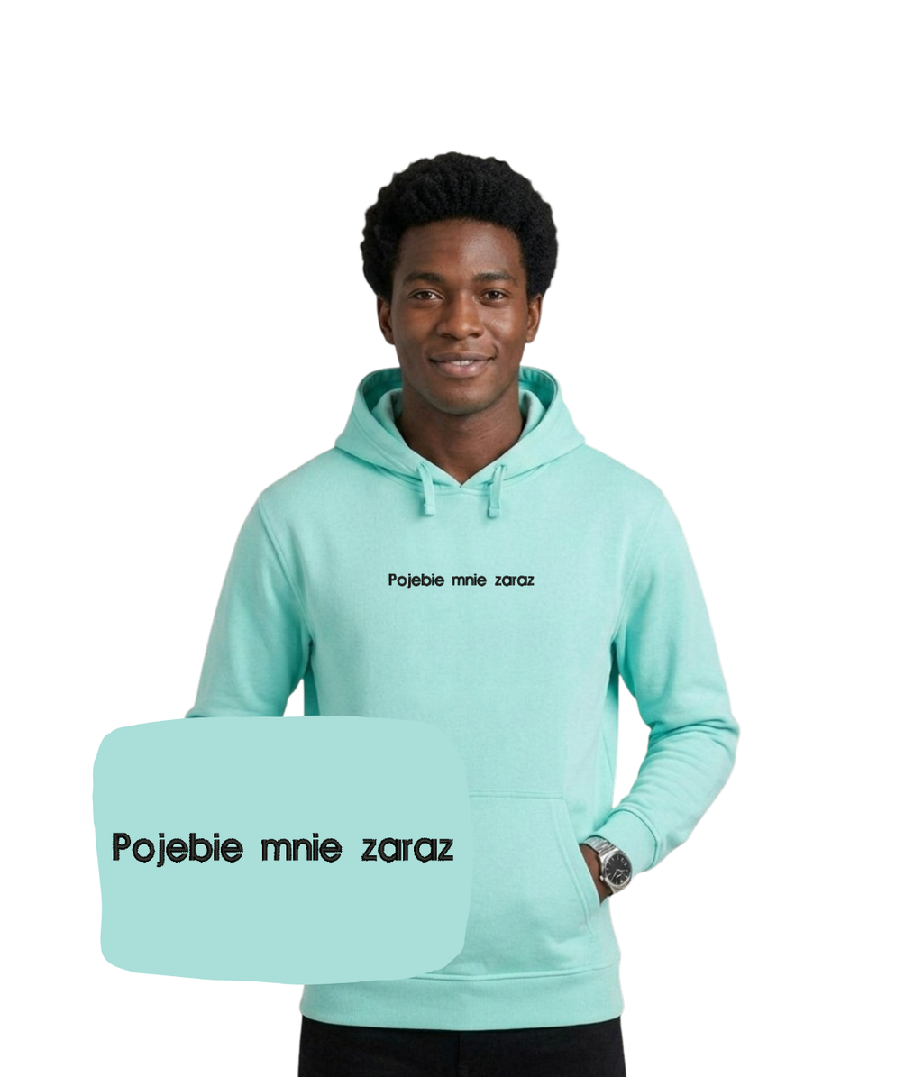 Mietowa bluza z kapturem z haftem śmiesznego napisu z kolekcji Bez Cenzury, casual streetwear od CustomClothes.pl