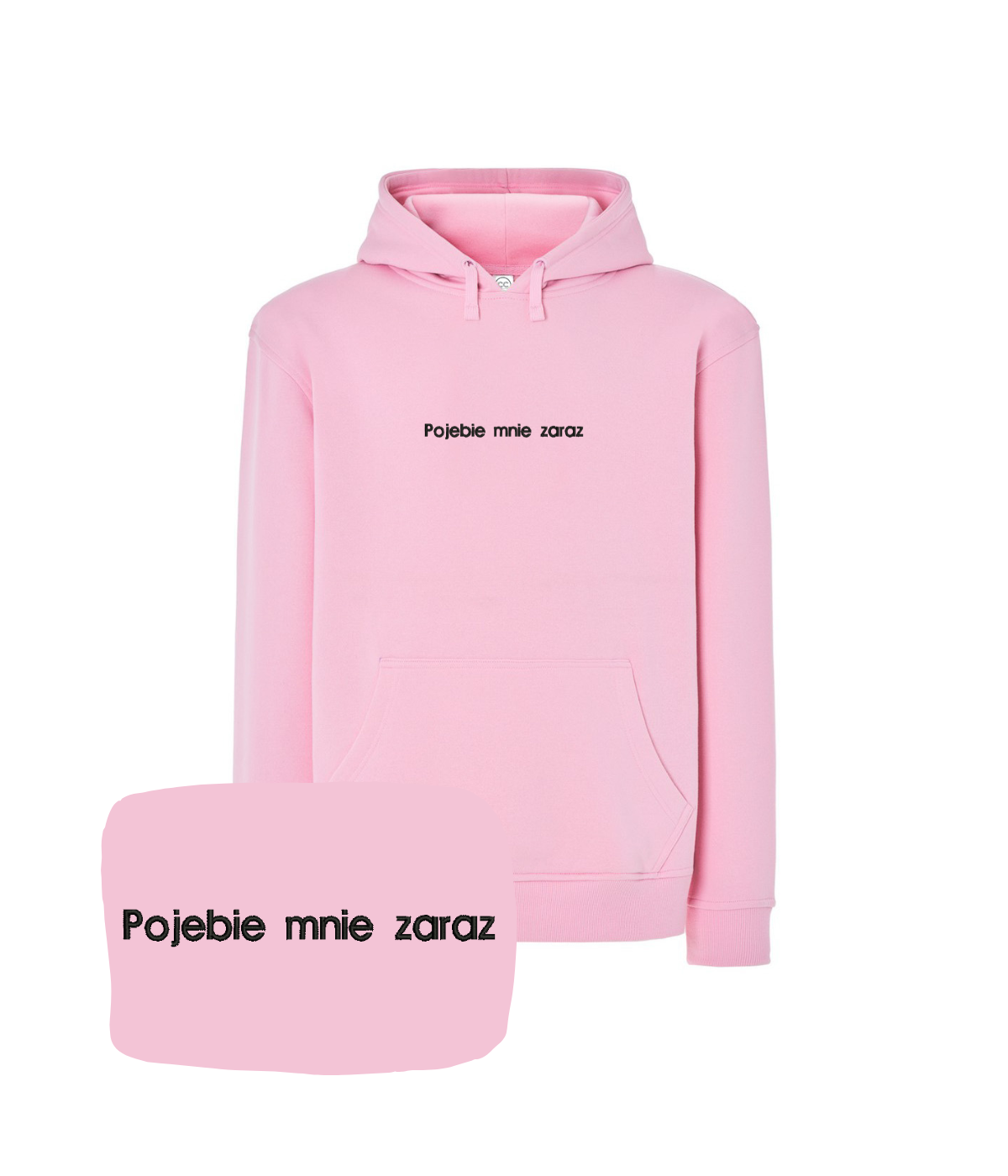 Pink hoodie with humorous embroidered text from the Bez Cenzury collection by CustomClothes.pl, featuring a casual, comfortable design.