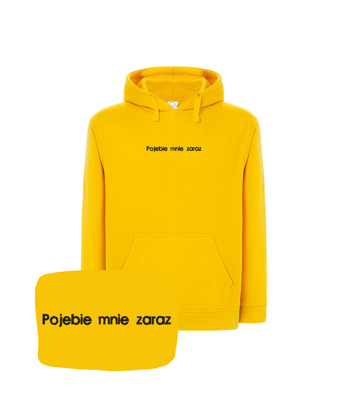 Yellow hoodie with humorous embroidered text from CustomClothes.pl's Bez Cenzury collection, featuring a hood and casual fit.