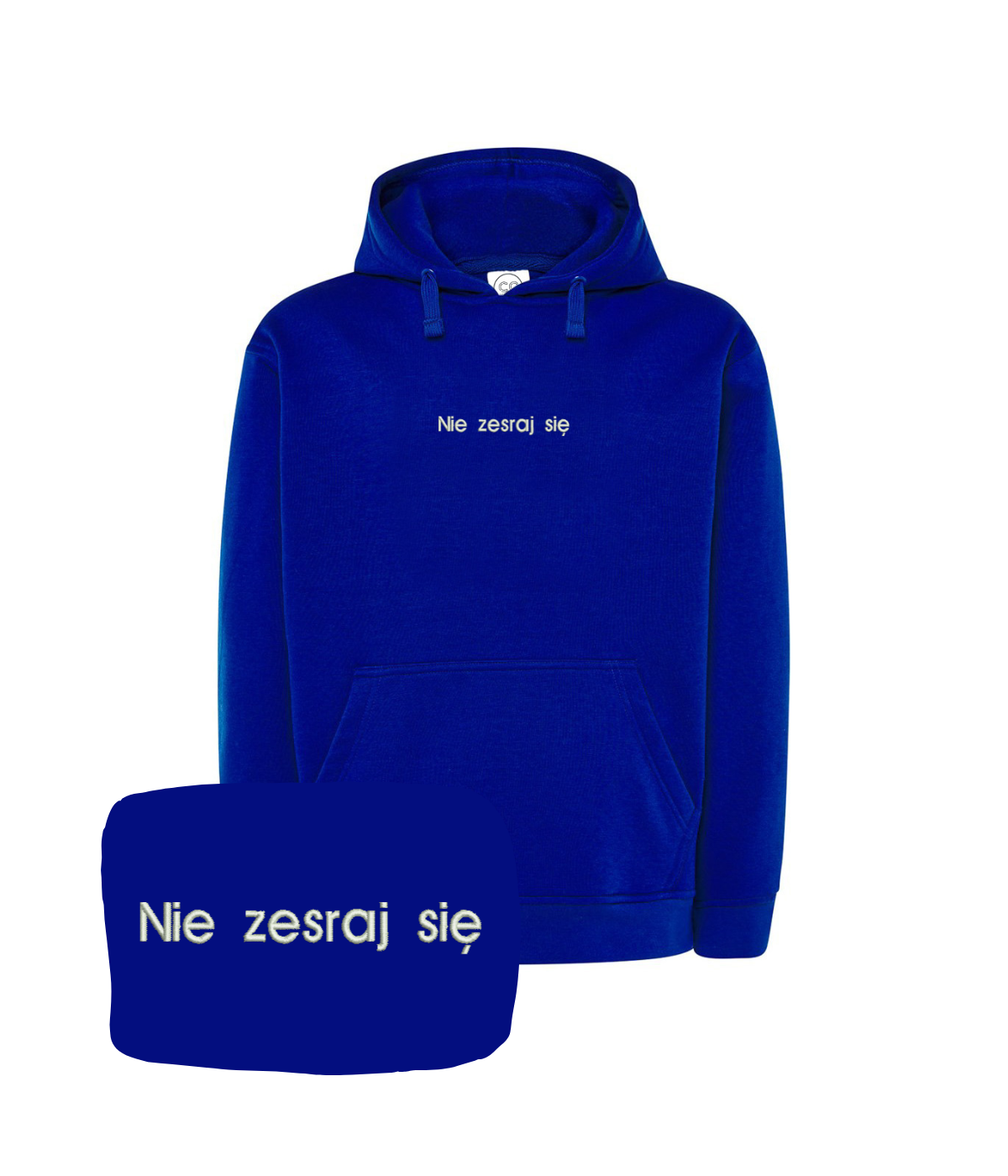 Dark beige hoodie with embroidered "Nie zesraj się" slogan, casual style, from CustomClothes.pl, front view.