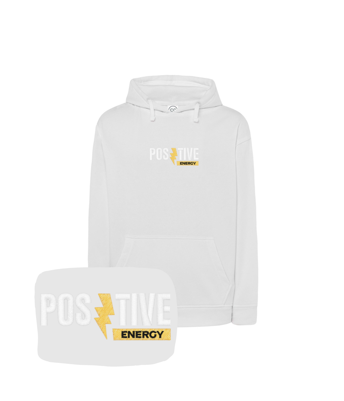 Biała bluza 'Positive Energy' z kapturem - uniwersalny prezent na każdą okazję z haftem komputerowym