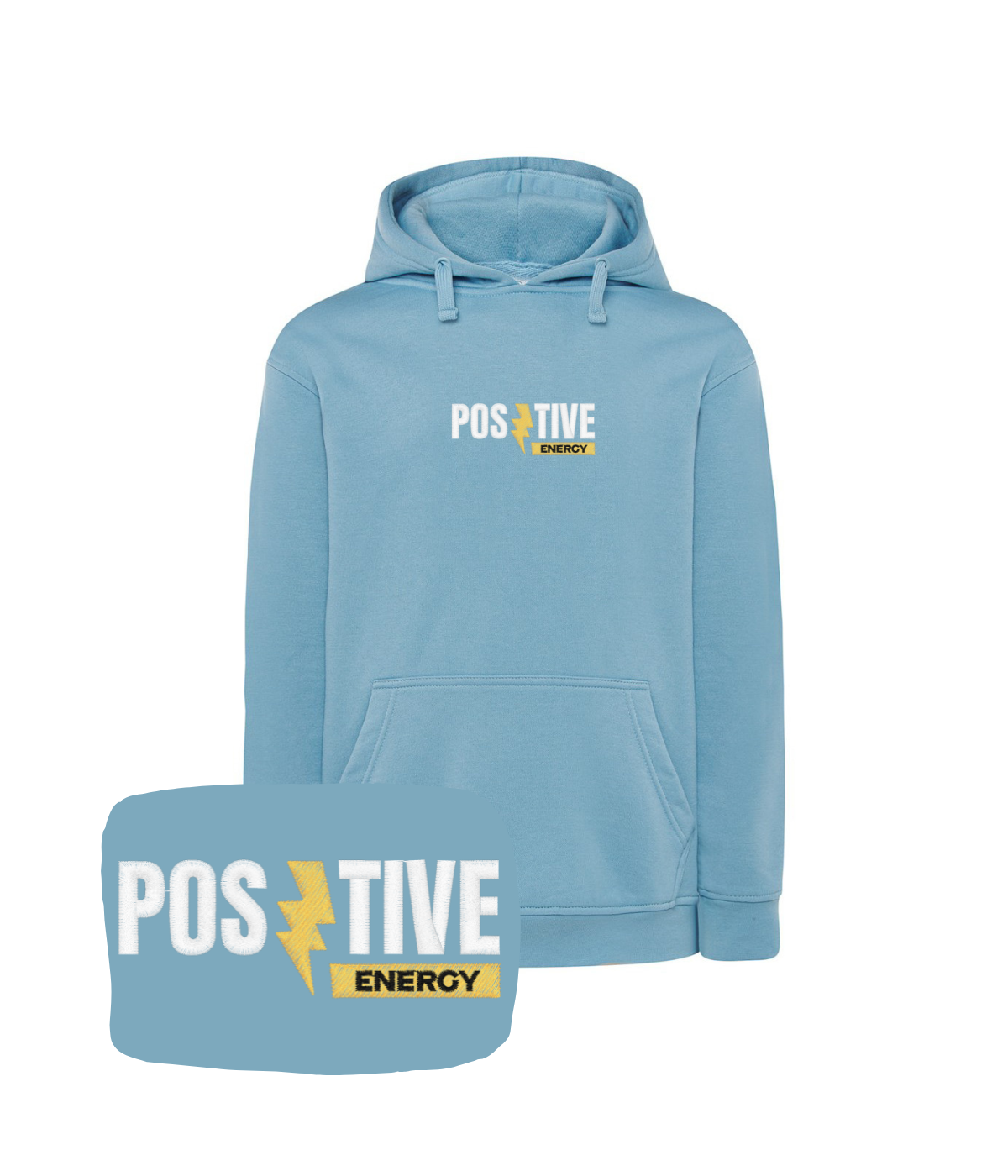 Błękitna bluza z napisem 'Positive Energy' - nietuzinkowy prezent z haftem komputerowym dla każdego