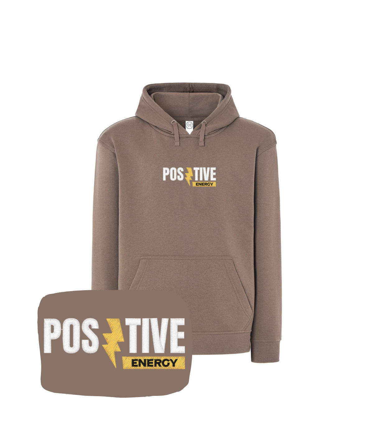 Brązowa bluza z haftem 'Positive Energy' dla młodych duchem - idealna na prezent z personalizowanym haftem