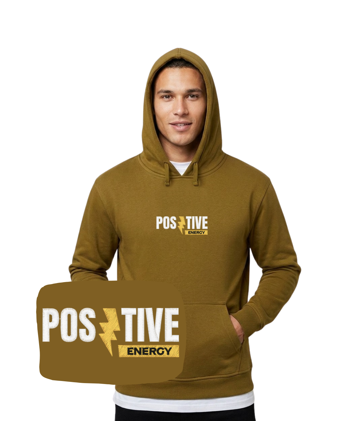 Khaki bluza z kapturem z haftem 'Positive Energy' - prezent dla niego z personalizowanym haftem komputerowym