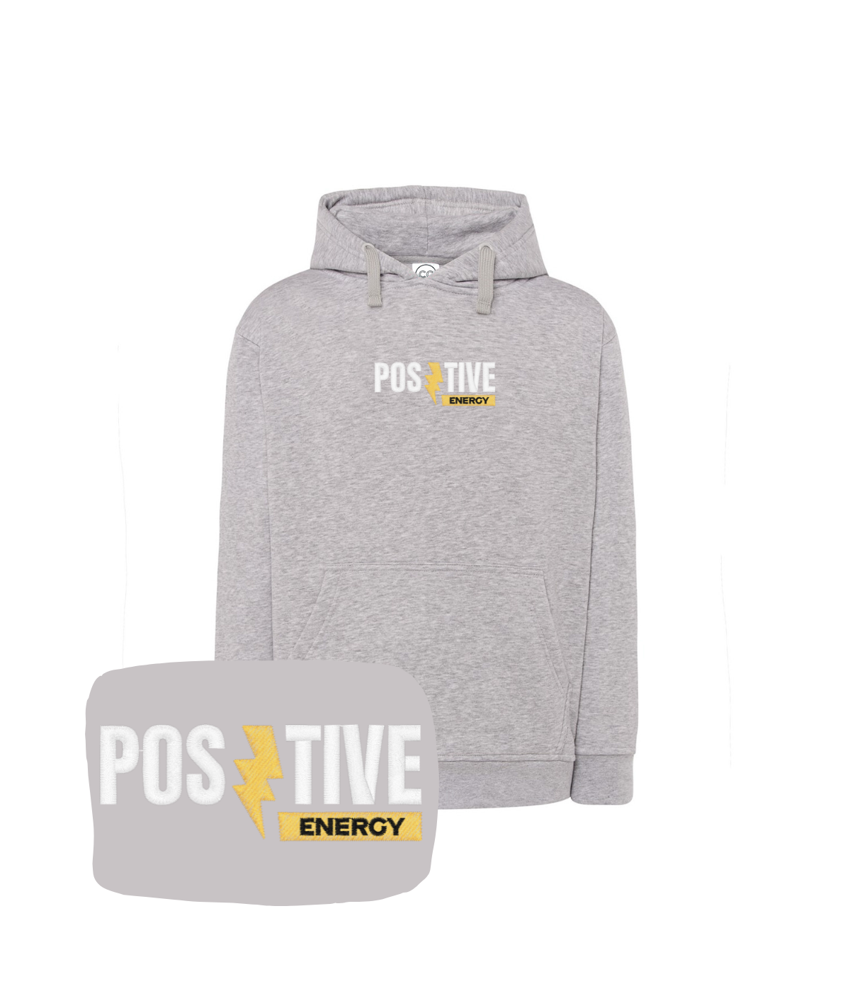 Szara bluza z kapturem 'Positive Energy' - stylowy prezent z haftem komputerowym dla bliskiej osoby