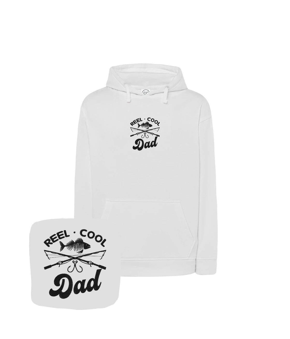 Biała bluza z kapturem z haftem Reel Cool Dad - idealny prezent dla taty, haft komputerowy od 1 sztuki