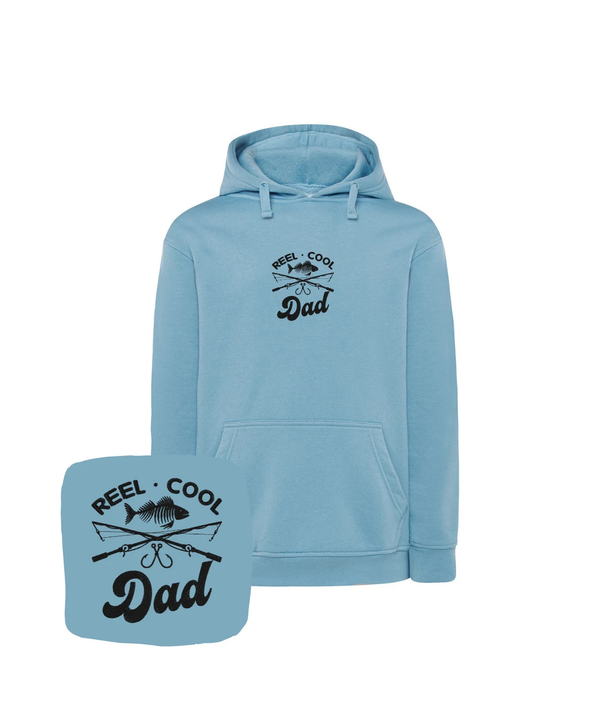 Błękitna bluza z kapturem z haftem Reel Cool Dad - idealny prezent na Dzień Ojca, haft komputerowy od 1 sztuki