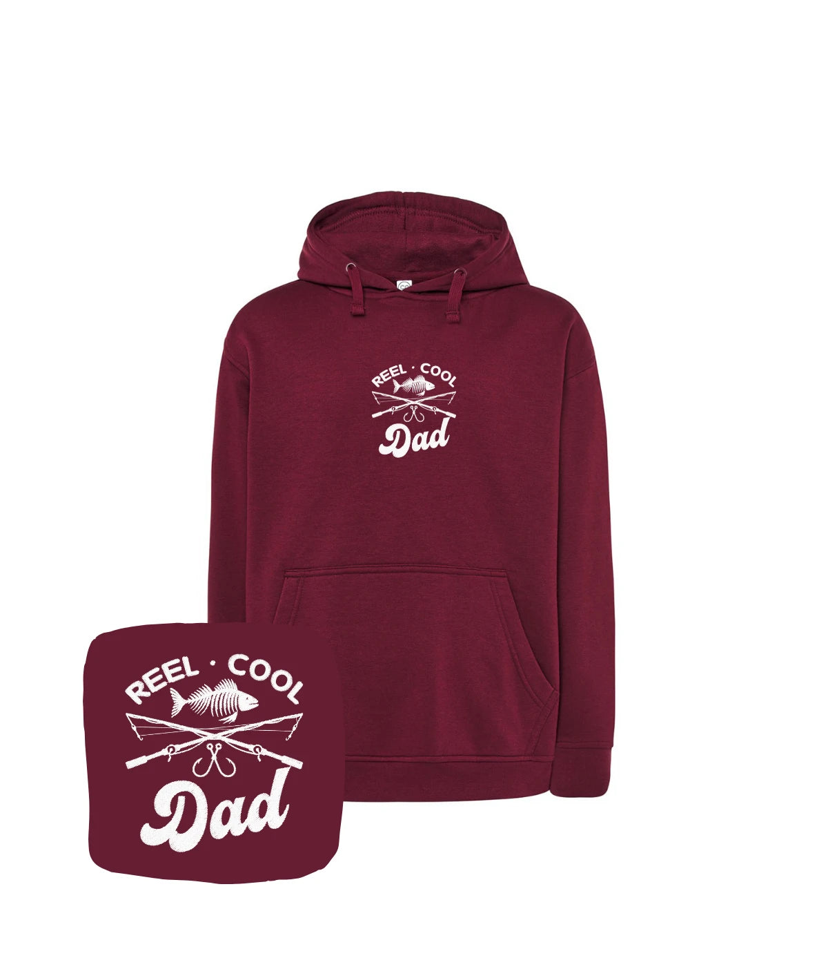 Bordowa bluza z kapturem z haftem Reel Cool Dad - doskonały prezent na Dzień Ojca, haft komputerowy od 1 sztuki