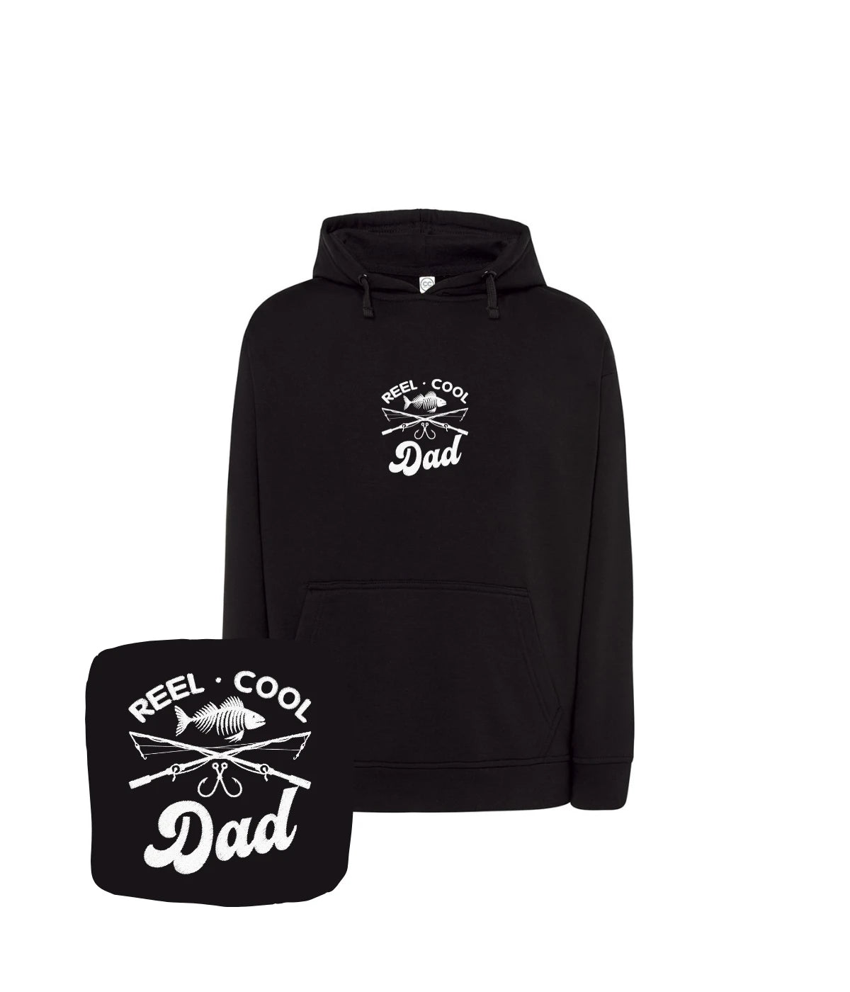 Czarna bluza z kapturem z haftem Reel Cool Dad - idealny prezent dla wędkarza, haft komputerowy od 1 sztuki