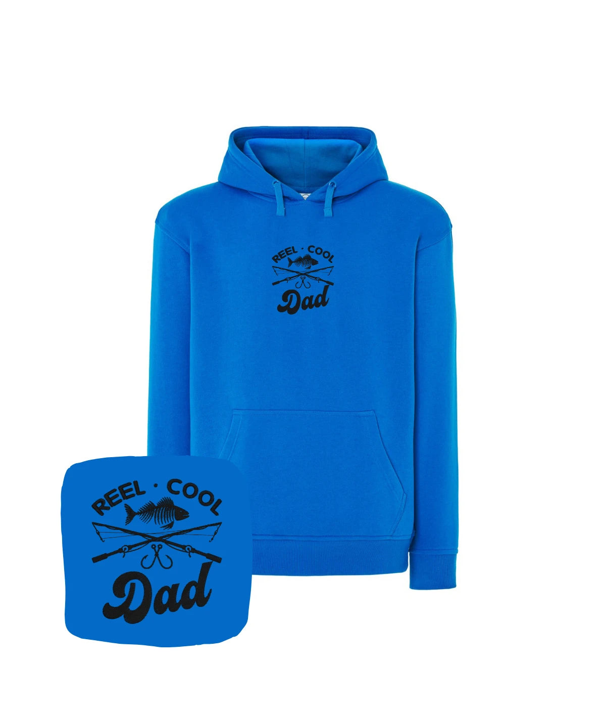 Niebieska bluza z kapturem z haftem Reel Cool Dad - świetny prezent dla wędkarza, haft komputerowy od 1 sztuki