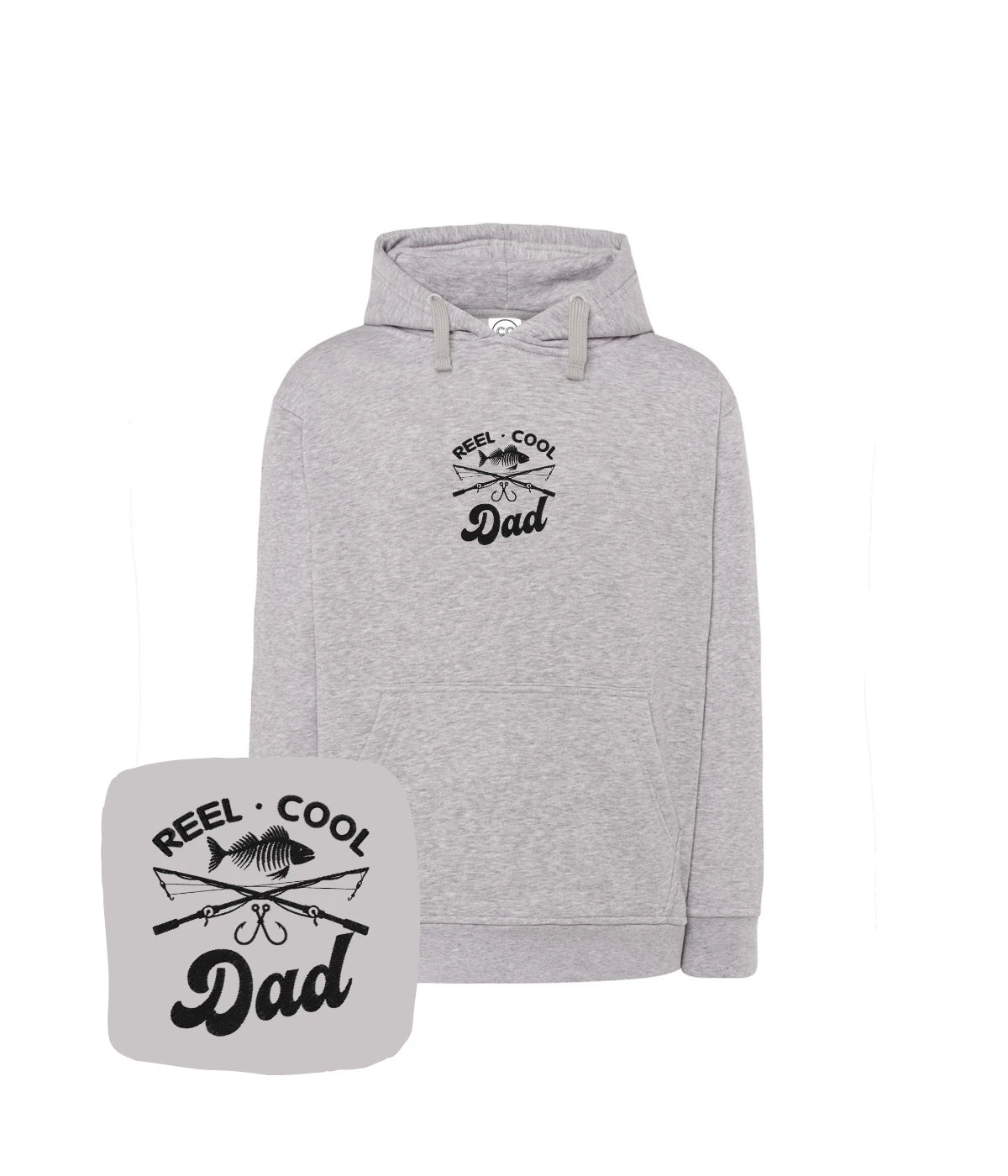 Szara bluza z kapturem z haftem Reel Cool Dad - doskonały prezent dla miłośnika wędkarstwa, haft komputerowy