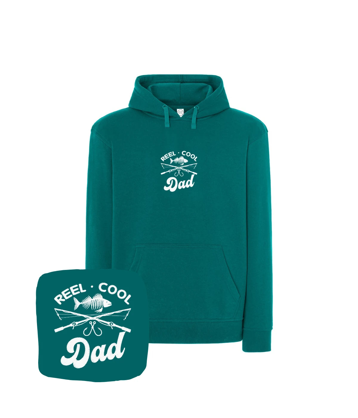 Turkusowa bluza z kapturem z haftem Reel Cool Dad - unikalny prezent dla taty, haft komputerowy od 1 sztuki