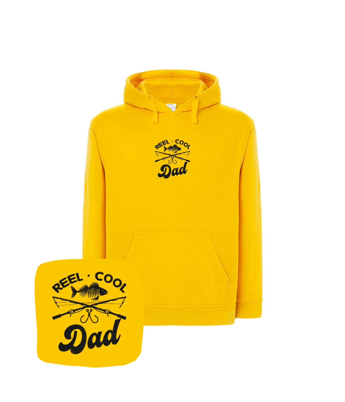 Żółta bluza z kapturem z haftem Reel Cool Dad - świetny prezent dla wędkarza, haft komputerowy od 1 sztuki