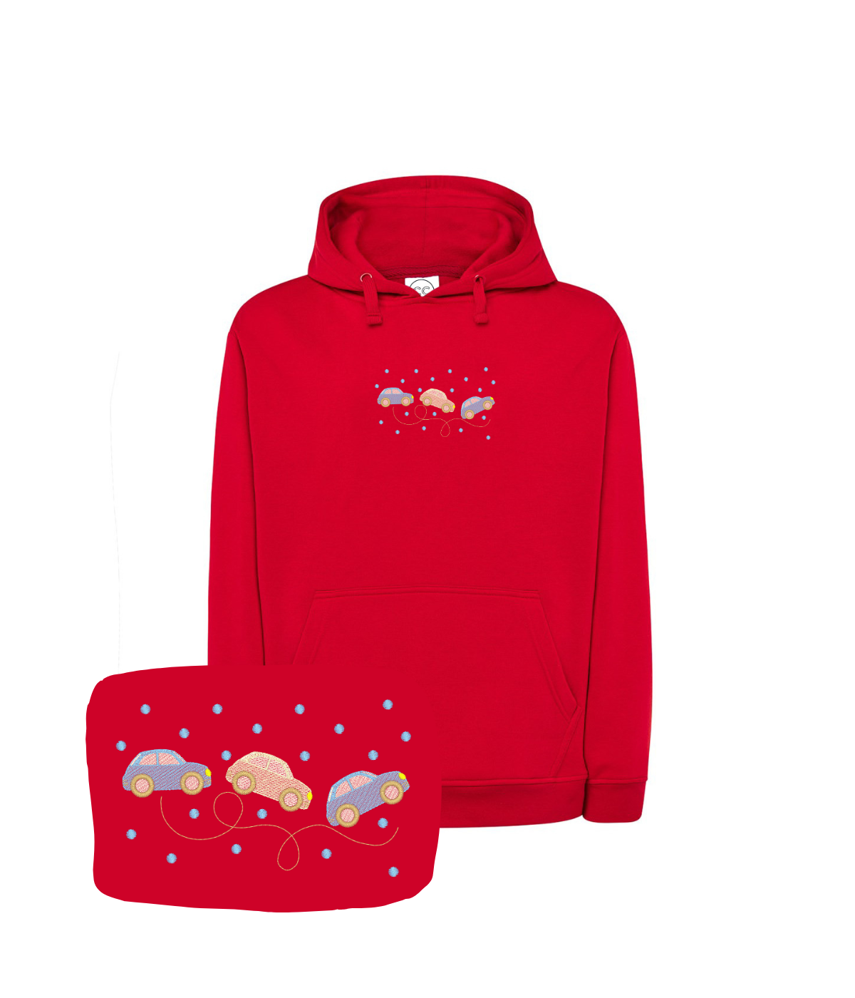 Czerwona bluza z haftem samochodów - świetny prezent urodzinowy dla miłośnika aut.