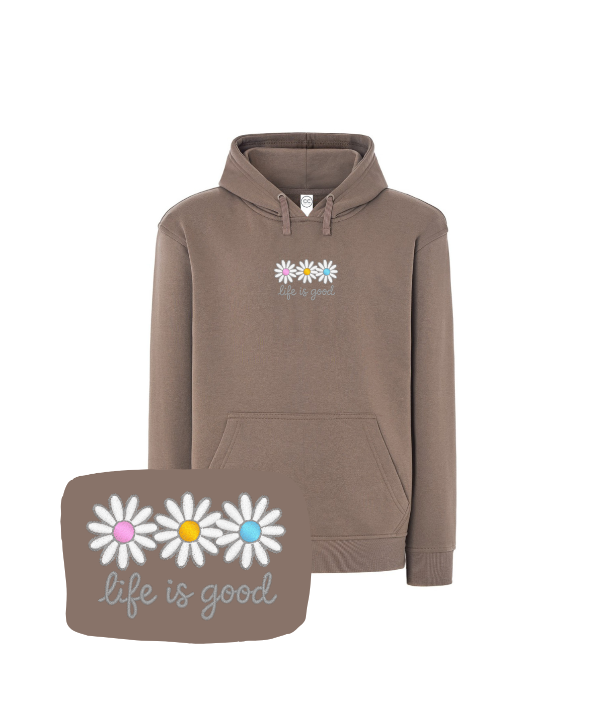Beżowa bluza z kwiatowym haftem stokrotek i napisem 'life is good' - doskonały prezent na każdą okazję