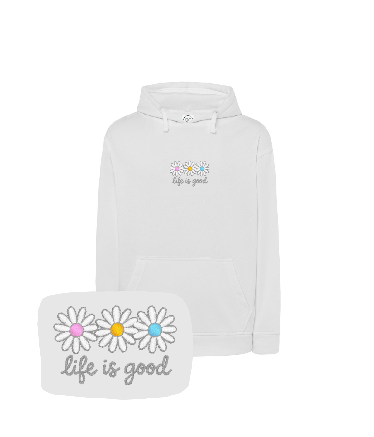 Biała bluza z kwiatowym haftem stokrotek i napisem 'life is good' - doskonała na każdą okazję
