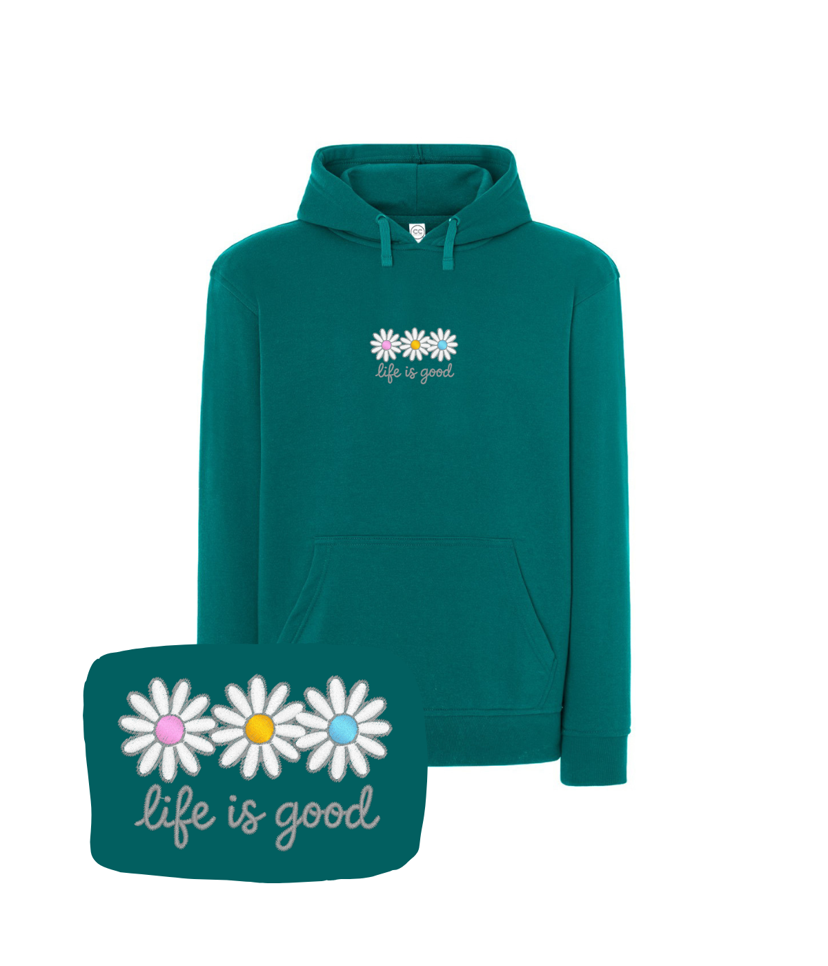 Błękitna bluza z haftem stokrotek i napisem 'life is good' - wyjątkowy prezent na dzień codzienny