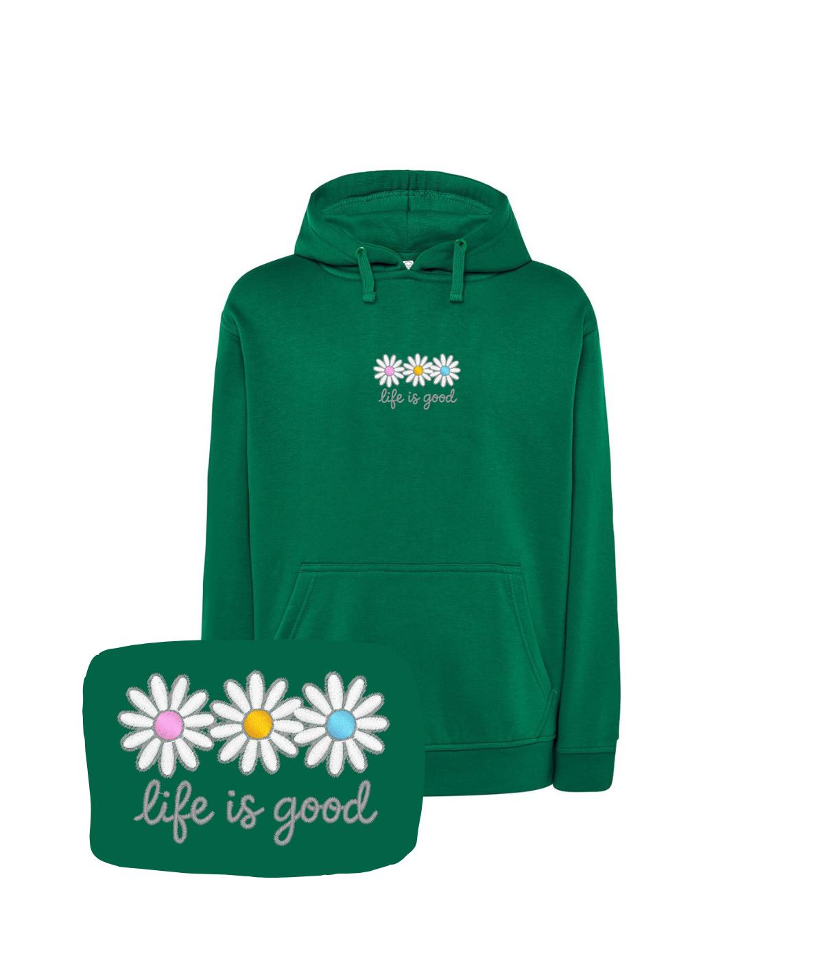 Czarna bluza z kwiatowym haftem stokrotek i napisem 'life is good' - doskonała na każdą okazję z haftem