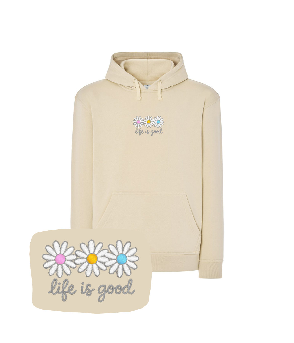 Fioletowa bluza z haftem stokrotek i napisem 'life is good' - oryginalny prezent dla niej z haftem