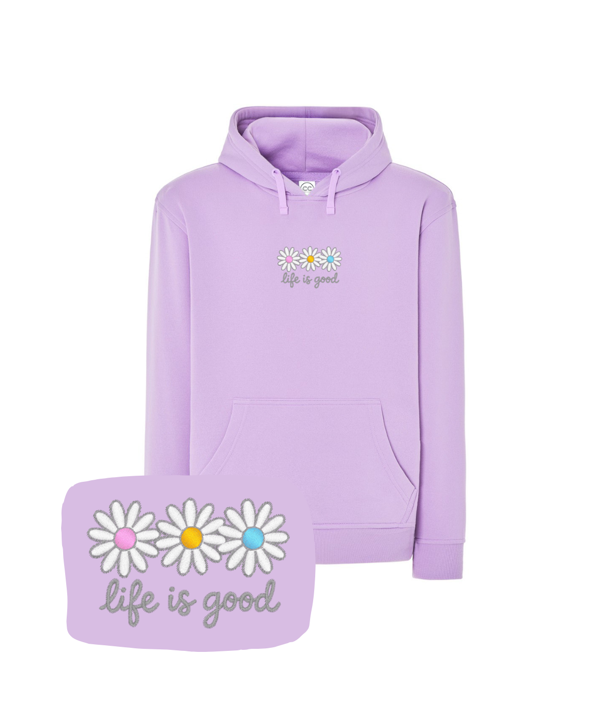 Purpurowa bluza z haftem stokrotek i napisem 'life is good' - modna koszulka na Dzień Kobiet