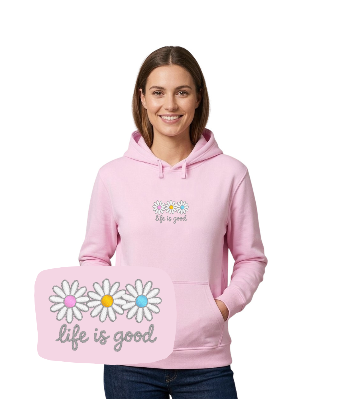 Różowa bluza z haftem stokrotek i napisem 'life is good' - oryginalny prezent dla niej z haftem komputerowym