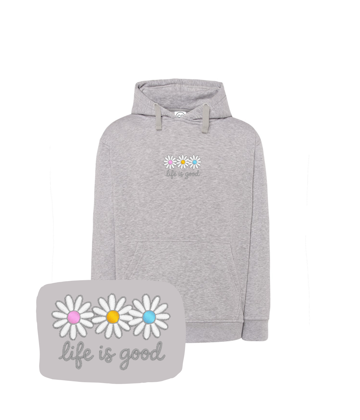 Szara bluza z kapturem z haftem stokrotek i napisem 'life is good' - modna koszulka z kwiatowym wzorem