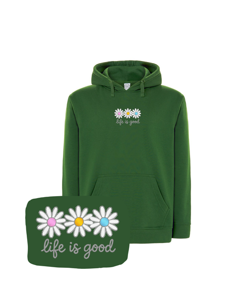 Zielona bluza z kwiatowym haftem stokrotek i napisem 'life is good' - koszulka z haftem dla miłośników natury