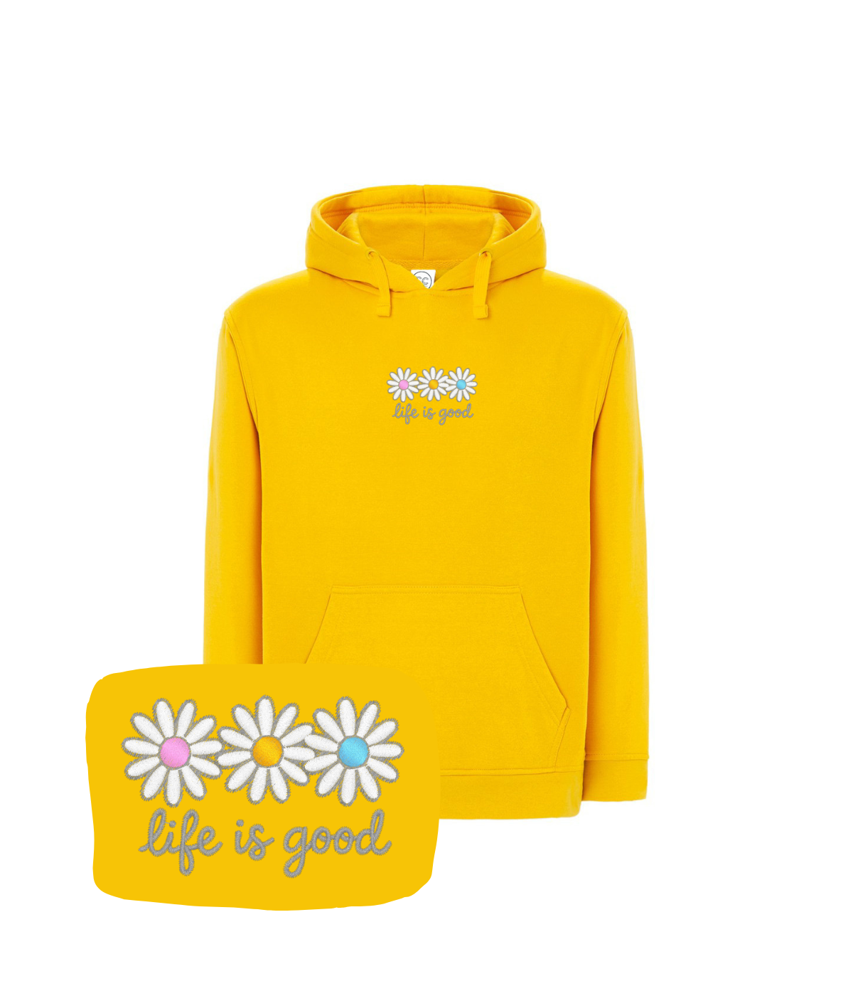 Żółta bluza z haftem stokrotek i napisem 'life is good' - modna koszulka z kwiatowym wzorem