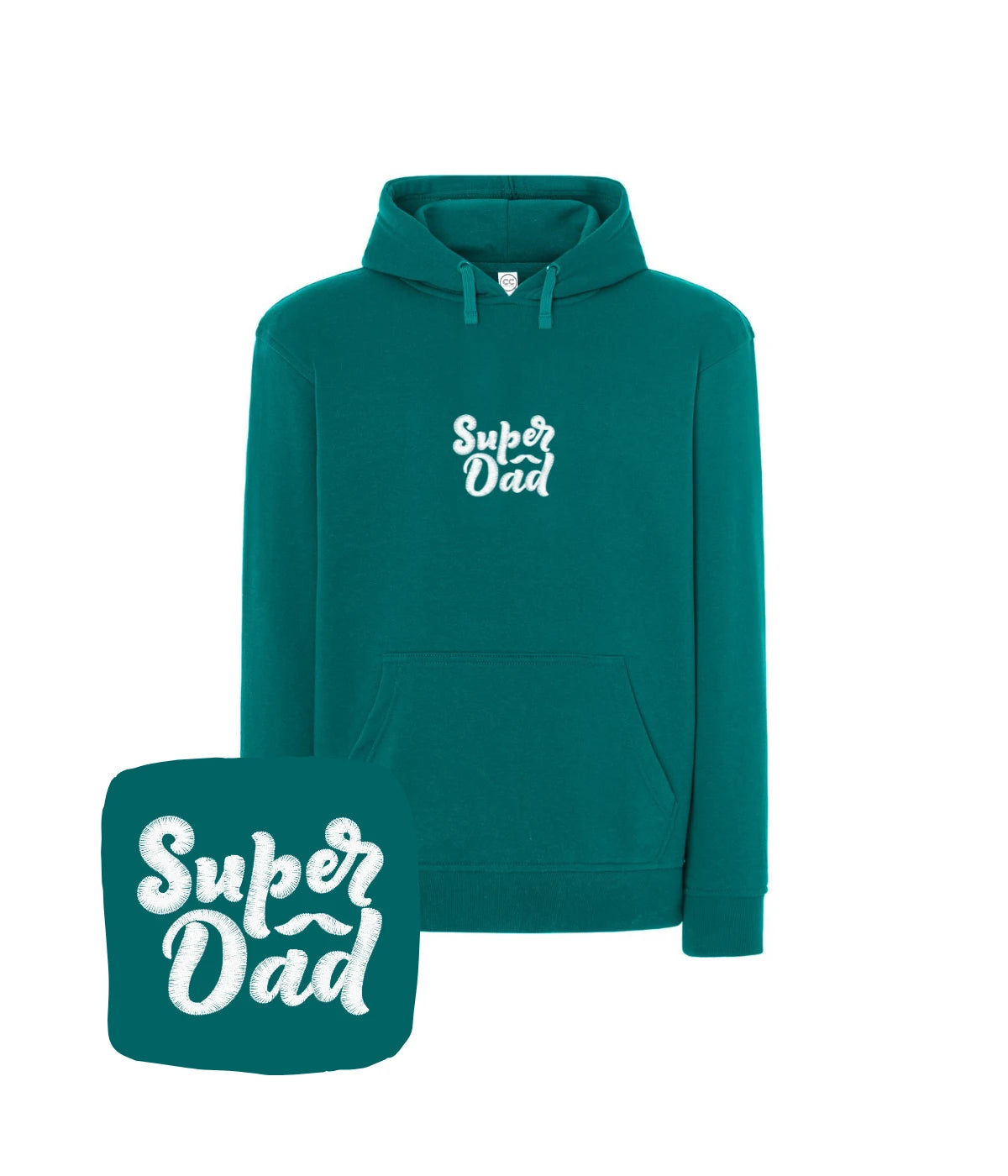Turkusowa bluza z kapturem z białym haftem Super Dad - prezent dla taty z haftem komputerowym.