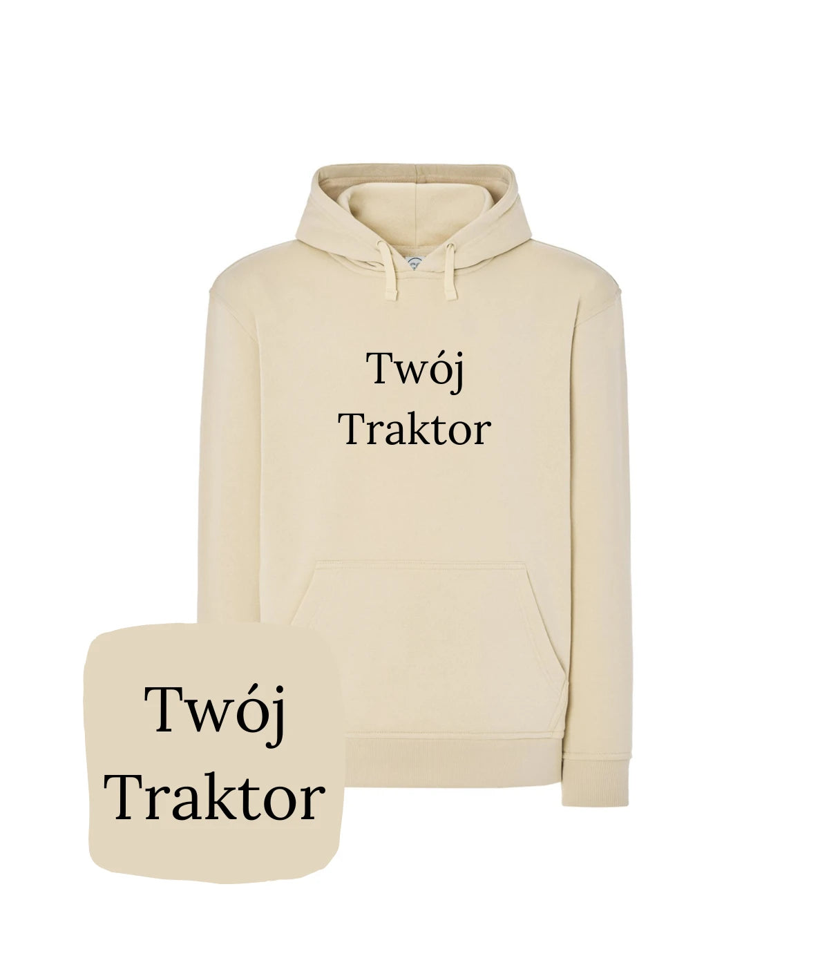 Beżowa bluza z kapturem z haftem 'Twój Traktor' - doskonały prezent dla farmera z haftem.