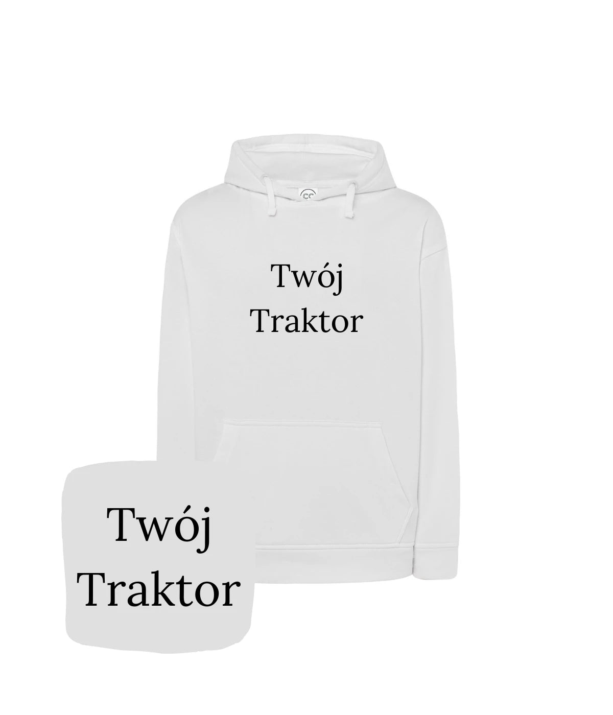 Biała bluza z kapturem z haftem 'Twój Traktor' - personalizowany prezent z haftem dla fanów traktorów.