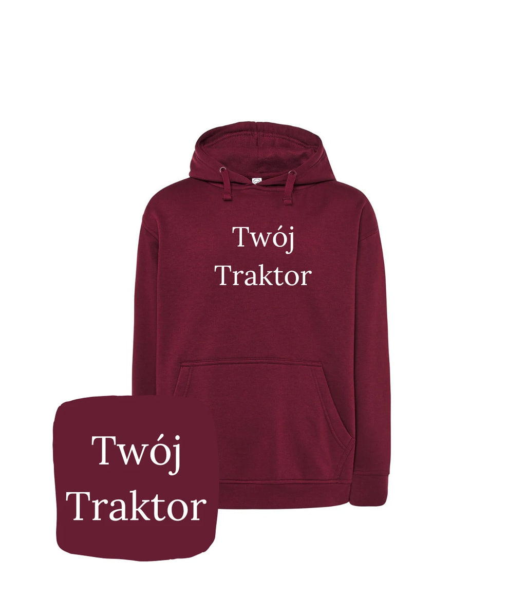 Bordowa bluza z kapturem z haftem 'Twój Traktor' - stylowy prezent dla miłośnika traktorów.