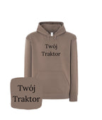 Brązowa bluza z kapturem z haftem 'Twój Traktor' - idealna na prezent dla niego, haft komputerowy.