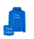 Chabrowa bluza z kapturem z haftem 'Twój Traktor' - świetny prezent dla miłośników maszyn, haft komputerowy.