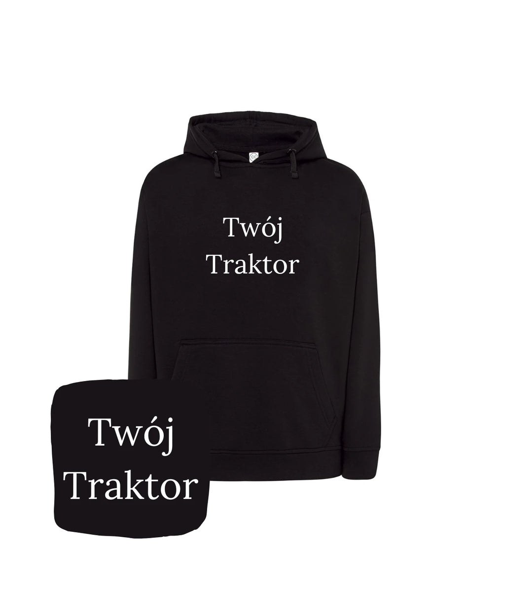 Czarna bluza z kapturem z haftem 'Twój Traktor' - elegancka opcja na wieczorowy strój, haft komputerowy.