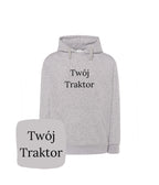 Szara bluza z kapturem z haftem 'Twój Traktor' - prezent dla fanów maszyn i traktorów, haft komputerowy.