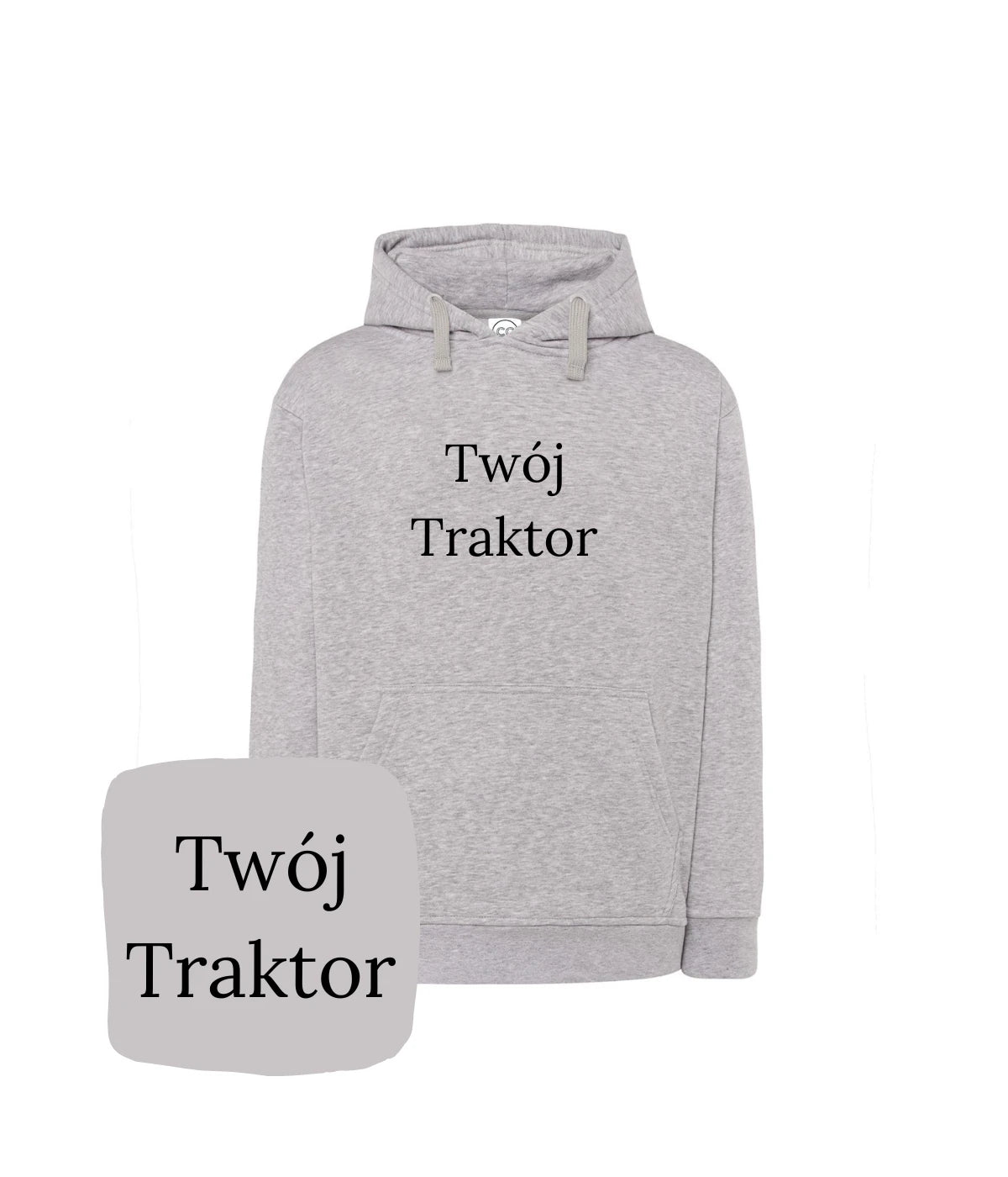 Szara bluza z kapturem z haftem 'Twój Traktor' - prezent dla fanów maszyn i traktorów, haft komputerowy.