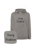 Szary melanż bluza z kapturem z haftem 'Twój Traktor' - idealna na zimę dla fanów traktorów, haft komputerowy.