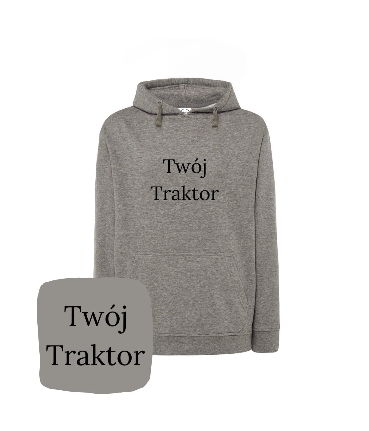 Szary melanż bluza z kapturem z haftem 'Twój Traktor' - idealna na zimę dla fanów traktorów, haft komputerowy.