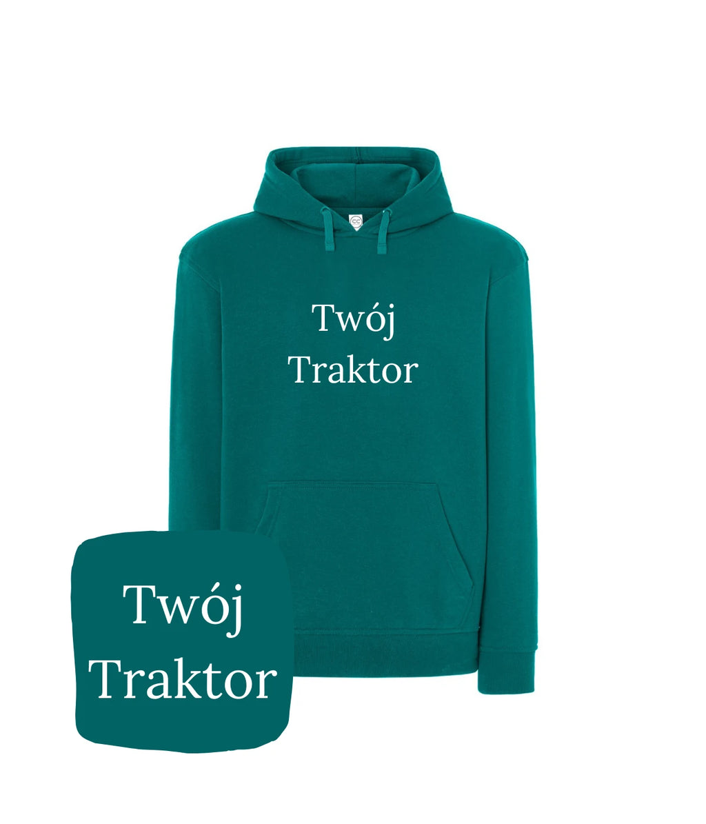 Turkusowa bluza z kapturem z haftem 'Twój Traktor' - modny wybór dla miłośnika traktorów, haft komputerowy.